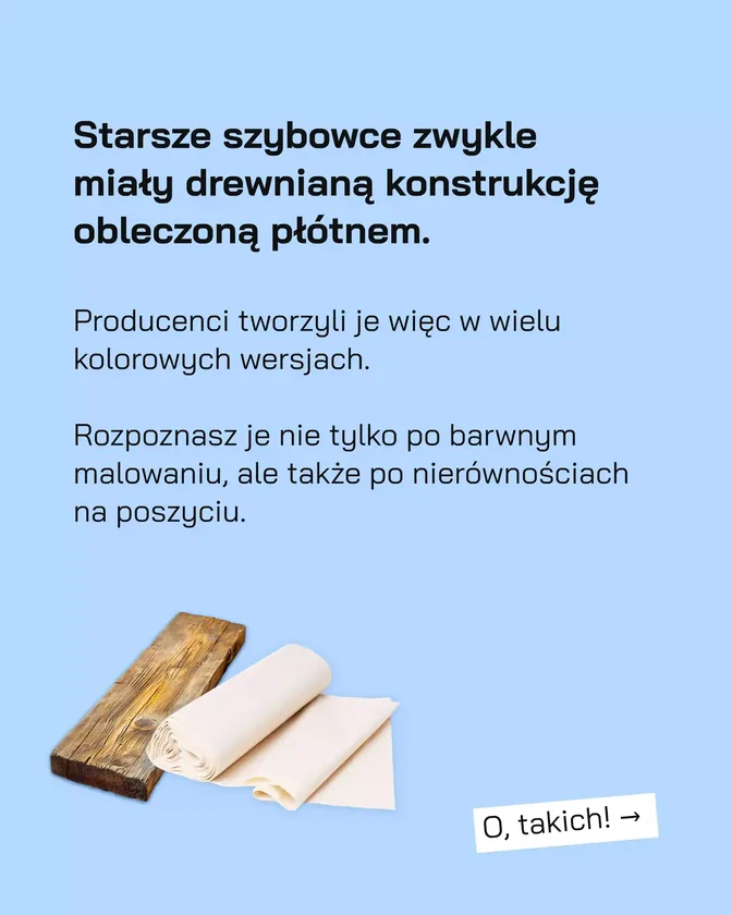 Starsze szybowce miały drewnianą konstrukcję obleczoną płótnem