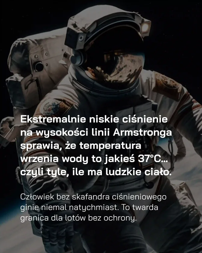 Ekstremalnie niskie ciśnienie na wysokości linii Armstronga — temperatura wrzenia wody to jakieś 37°C